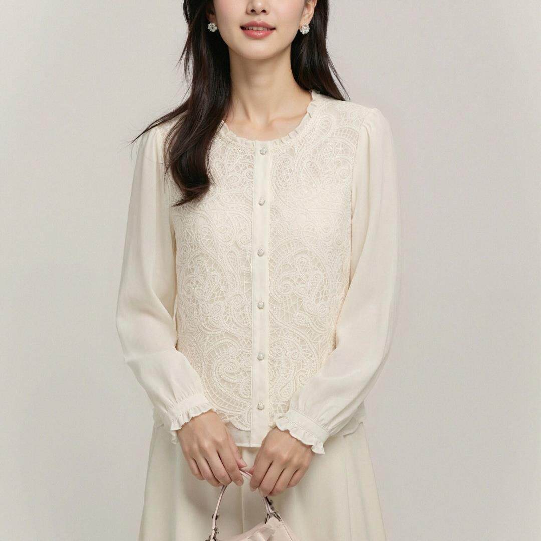 授权BANLUO|【糯糯轻语】乔其纱泡泡长袖木耳边领轻奢通勤衬