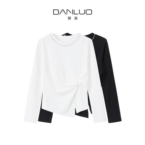 BANLUO|【轻奢慕尼】珍珠领扭结设计感侧边开叉收腰上衣SY1090