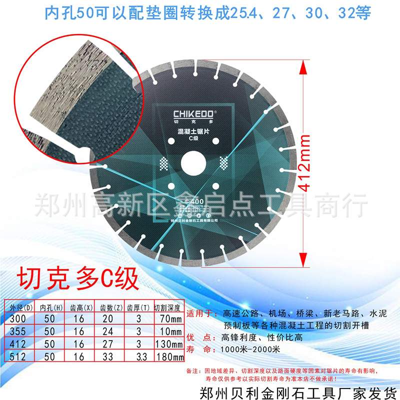 供应混凝土水泥马路预制板切割片切克多400mmC级金刚石锯片