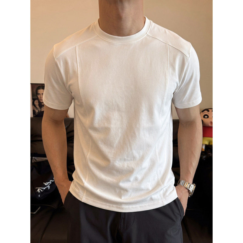 夏季男士纯色短袖修身运动健身速干凉感上衣半高领圆领外穿t恤