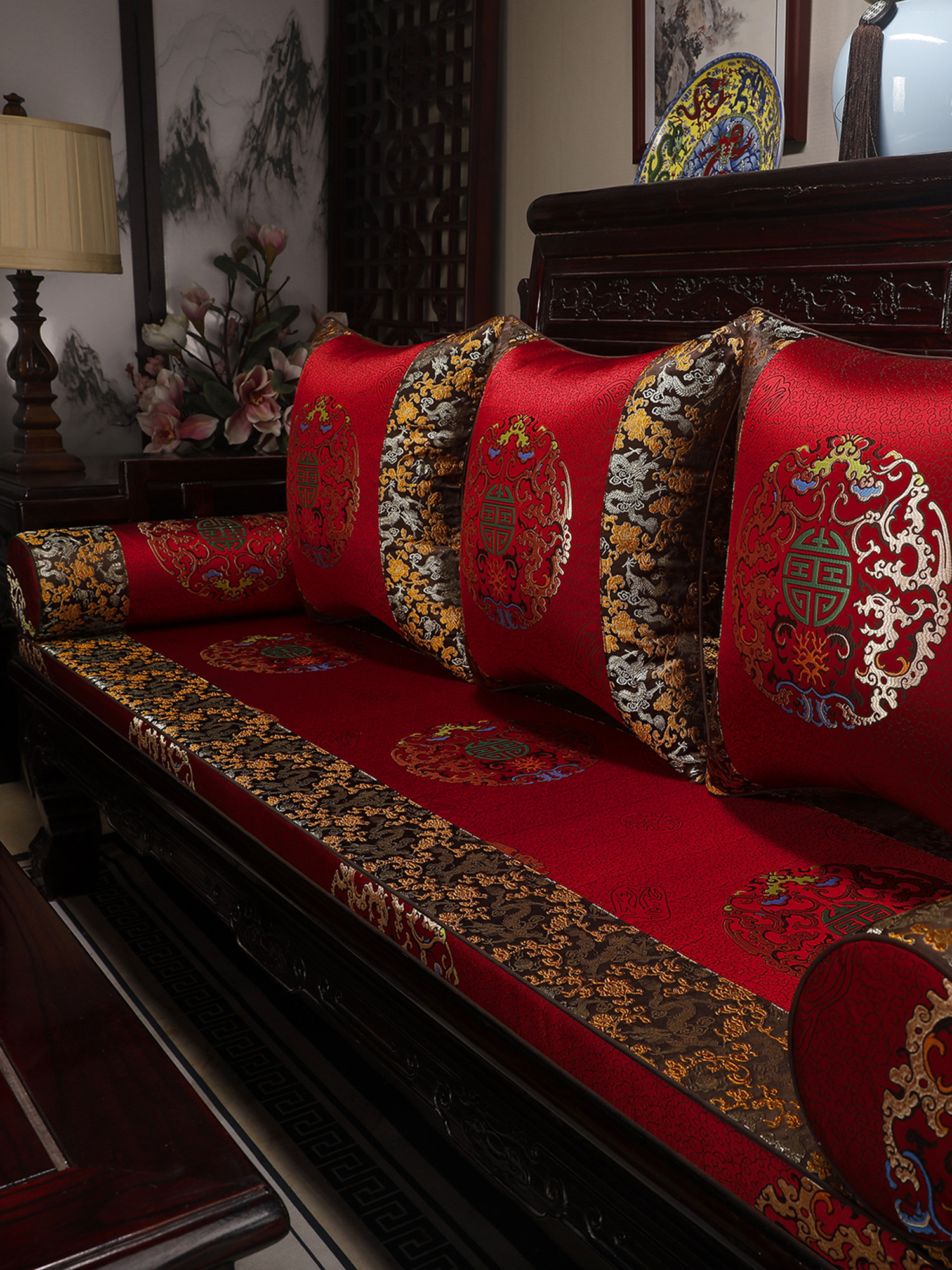 中式红木沙发椅子坐垫实木古典家具罗汉床五件套加厚座垫套罩定制