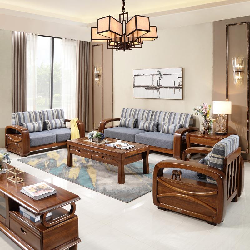 新品桃实三木沙发组合客厅新中式高档套装全木质经济木小户型人家
