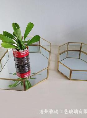 玻璃首饰珠宝收纳托盘几何玻璃花房黄铜化妆品置物盘甜品托盘