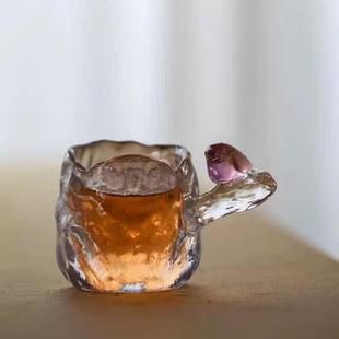 水晶玻璃品茗杯小鸟侧把杯耐热茶杯主人杯手工锤纹透明家用茶杯