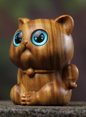 绿檀木叉腰猫小摆件檀香木小猫桌面小物件实木可爱猫咪把玩件礼物