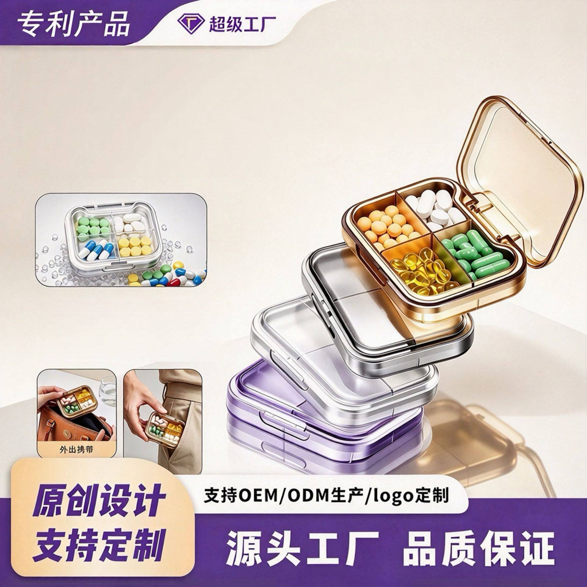 加工定制四格药盒便携式随身小药
