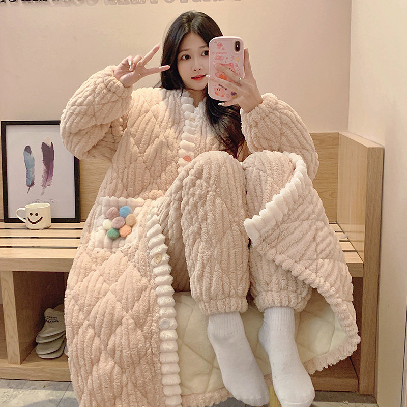 睡袍女冬季珊瑚绒长袖开衫加绒加厚睡衣套装法兰绒三层夹棉家居服