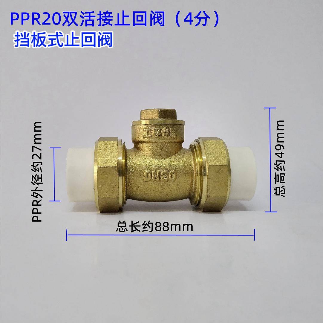 PPR水管止回阀4分6分1寸双活接弹簧式挡板式逆止阀黄铜内丝单向阀