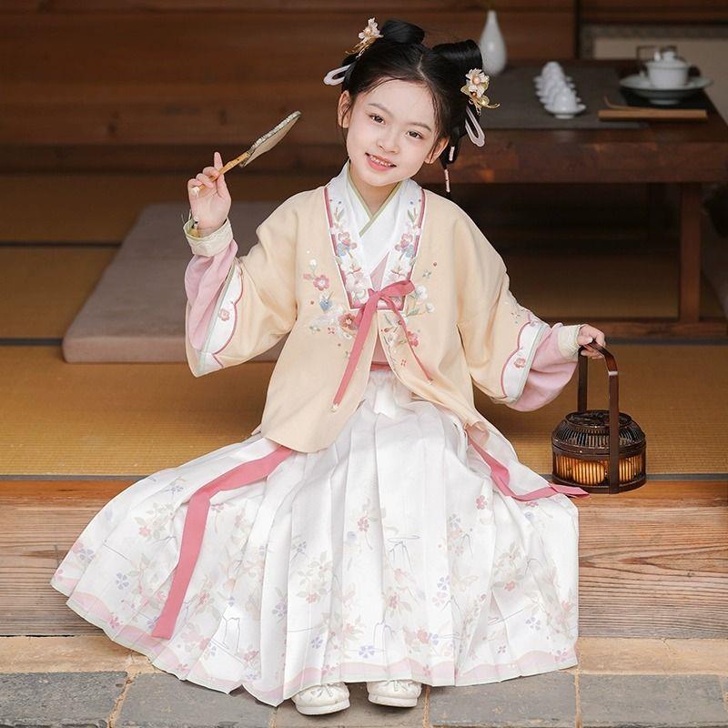 汉服女童明制春秋款儿童古风超仙古装中国风唐装小女孩宋代三件套