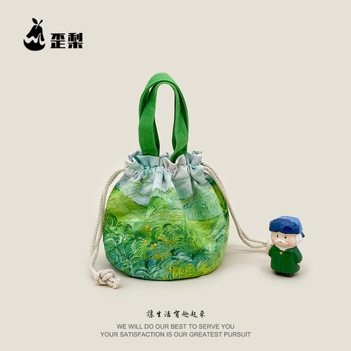 歪梨梵高油画绿色麦田手拎束口袋