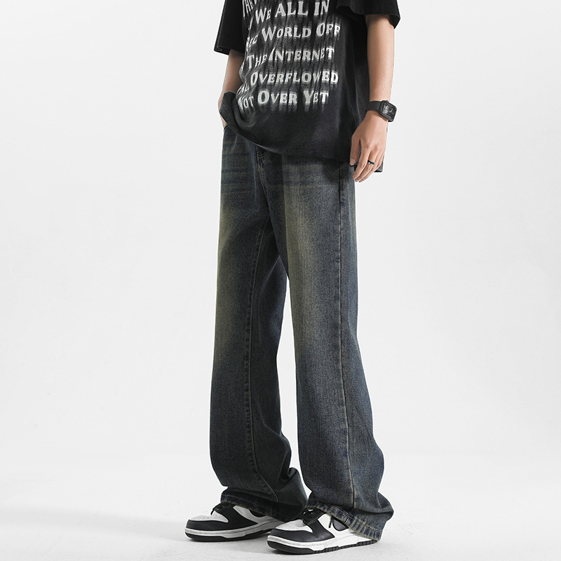 美式高街水洗深蓝牛仔裤男夏季ins潮牌百搭阔腿直筒裤做旧微喇裤