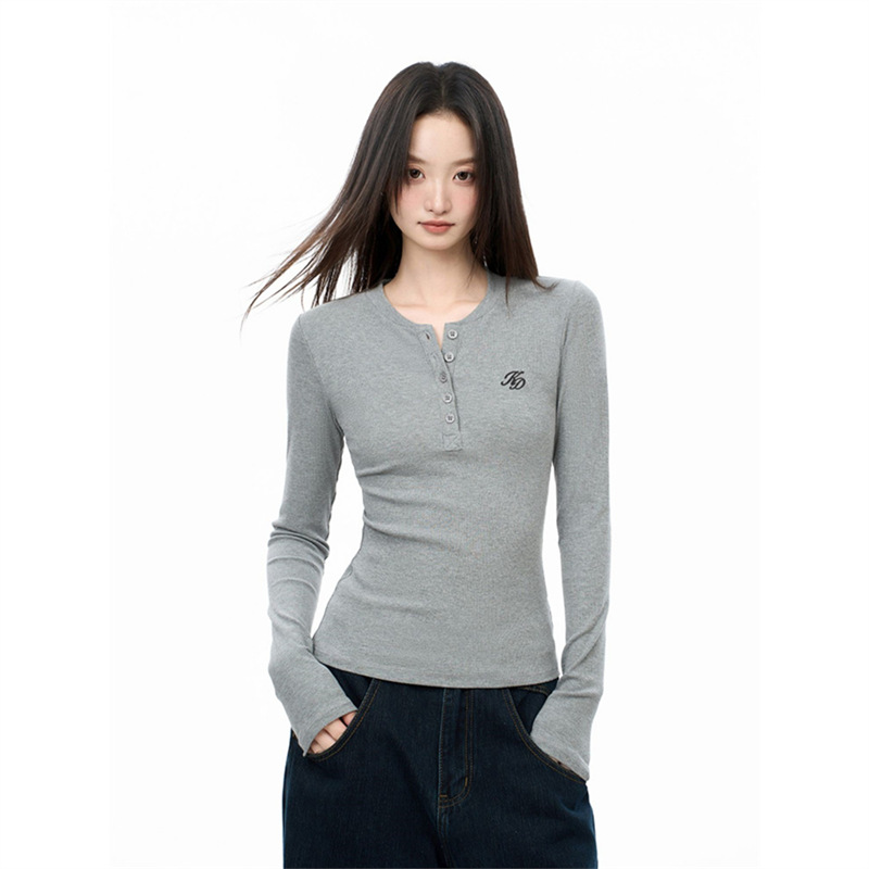 2*2德绒灰色v领加绒修身t恤打底衫女2025秋打底长袖内搭正肩上衣