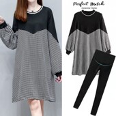 春秋季 千鸟格裙孕妈咪大码 韩版 中长款 遮肚不显怀两件套 时尚 孕妇装