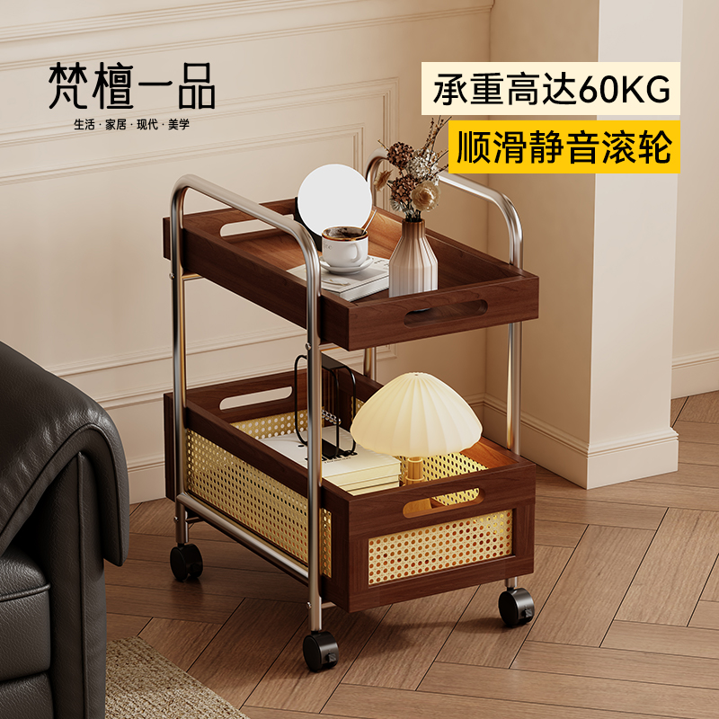 可移动边几实木不锈钢收纳中古小推车客厅储物藤编置物架简约餐车