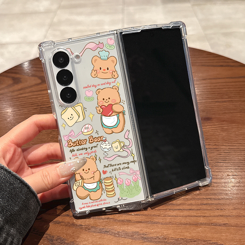 适用三星zfold6手机壳硅胶zfold5新款zfold4折叠屏zfold3翻盖2超薄透明黄油小熊全包防摔男女款软外屏保护壳