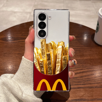 适用三星fold7手机壳fold6新款fold5大折叠屏zfold4翻盖fold3超薄透明m金色薯条全包防摔男女款硬外壳保护套