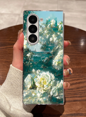 适用三星fold7手机壳fold6新款fold5大折叠屏zfold4翻盖fold3超薄透明白色花海全包防摔男女款硬外壳保护套