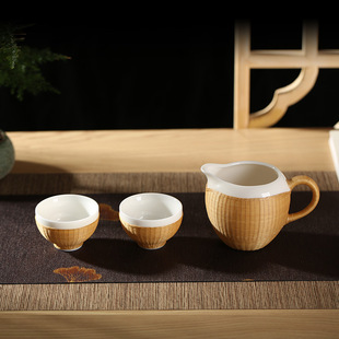 手工竹编竹丝扣瓷茶具主人杯品茗杯公道杯白瓷一壶二杯茶杯套装