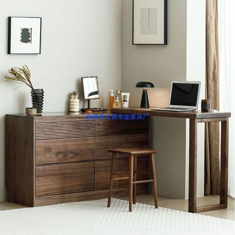 北美实木梳妆台斗柜一体化妆桌收纳床尾柜黑胡桃木卧室可移动书桌