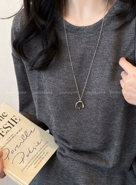 韩系ins银色几何吊坠长款项链女