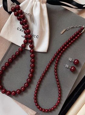 复古安克拉红色珐琅滴釉珠项链