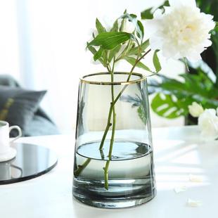 饰摆件水养鲜花插花花瓶 北欧轻奢风描金T形透明玻璃花瓶样板间装