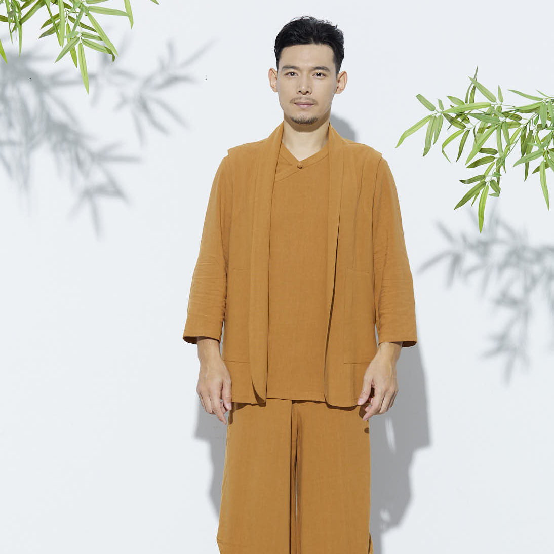 新款男士棉麻套装马甲三件套