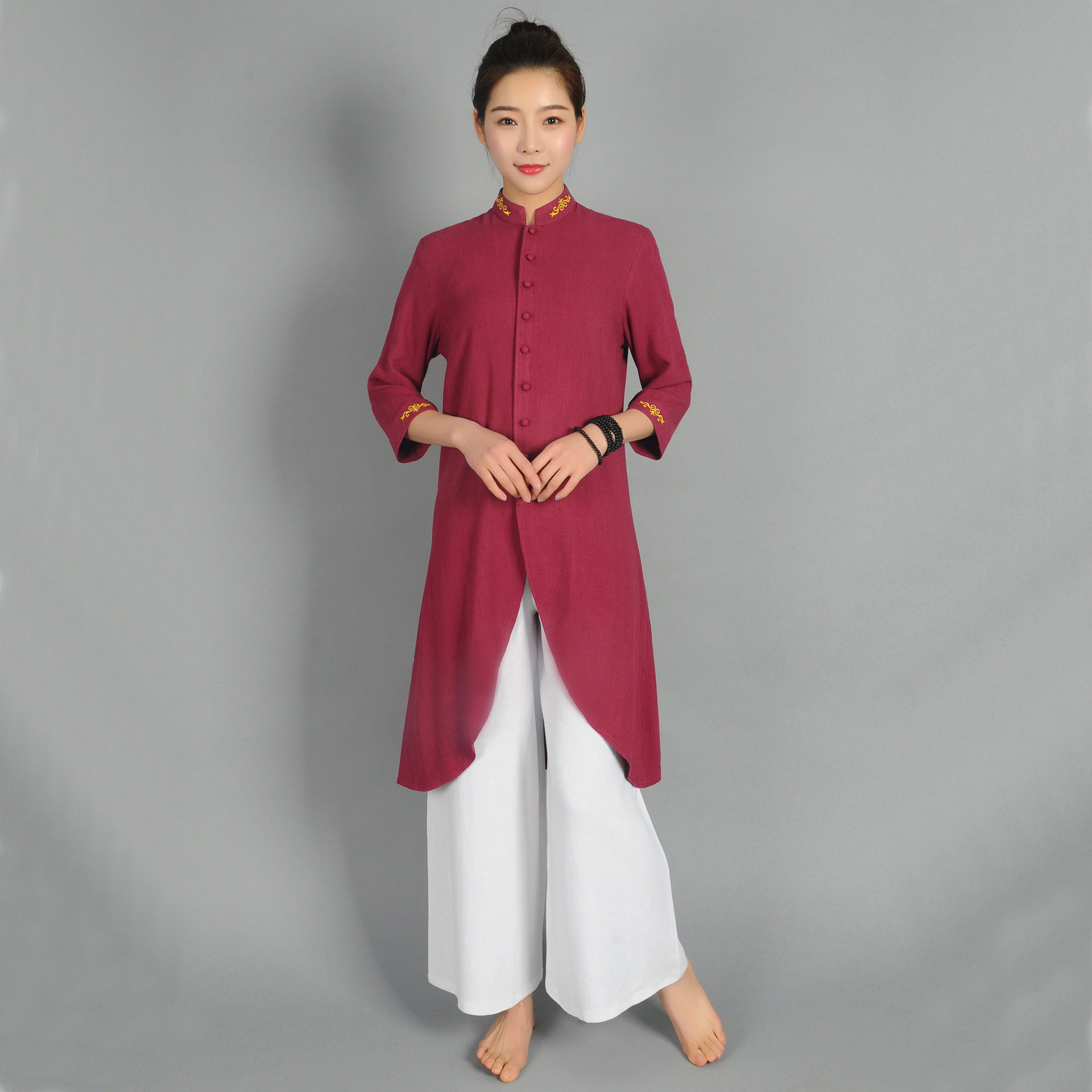 禅服亚麻女套装七分袖阔腿裤茶艺服茶道棉麻居士服艾灸服装上衣