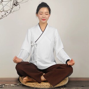 新款禅修服禅茶服装居士服打坐宽松斜襟偏开口女禅服套装大码上衣