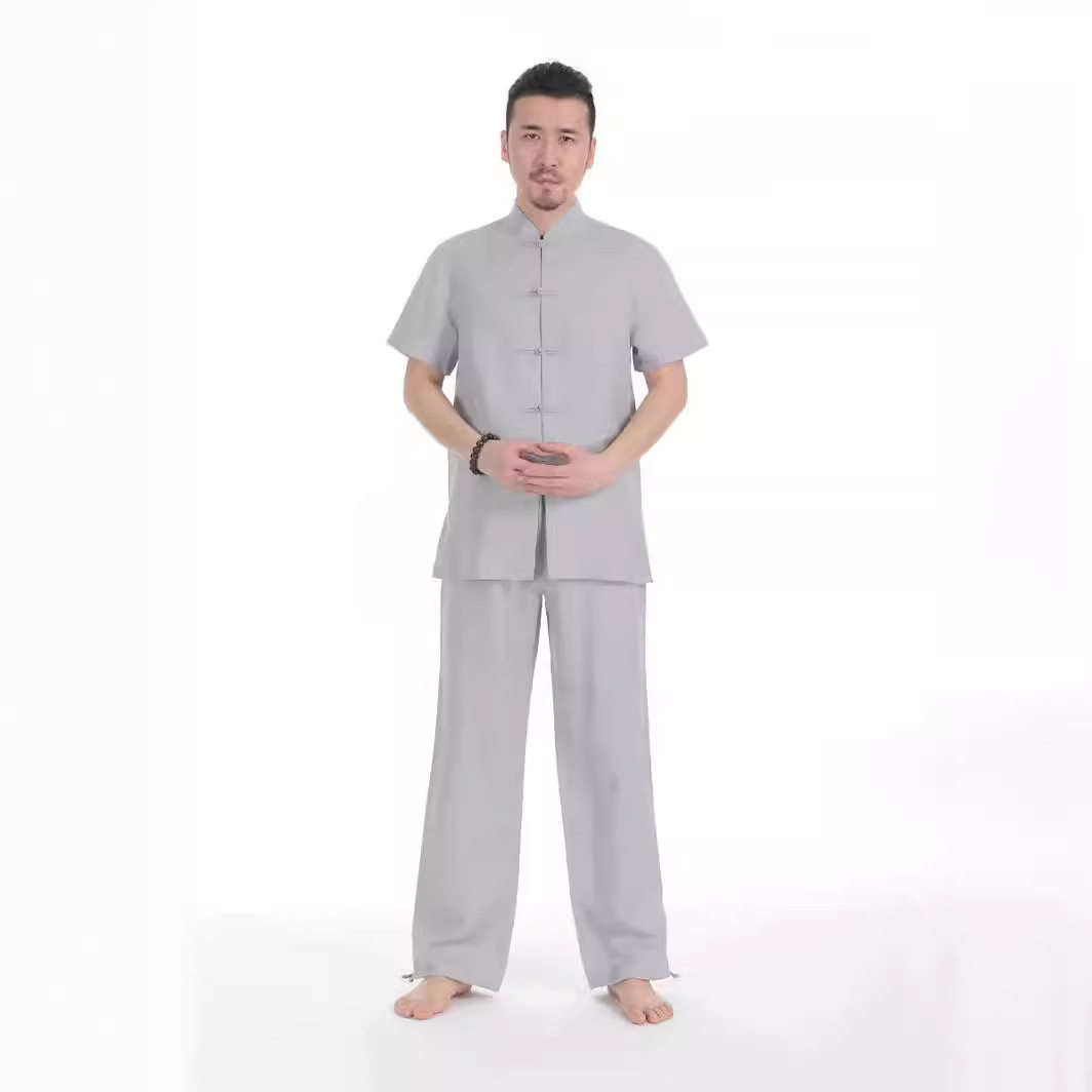男款中亚麻禅服茶服居士服太极服春夏秋季套装上衣汉服白色纽扣