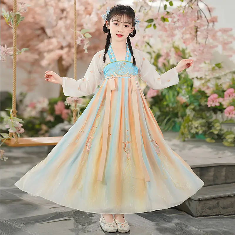 汉服女童夏季新款长袖超仙中唐装古装襦裙连衣裙四季通用花朵起绒