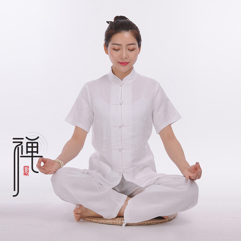休闲大码佛系禅服居士服亚麻茶女