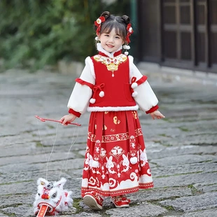 新款拜年服女童加厚儿童汉服冬季中日常过年喜庆套装女孩裙子