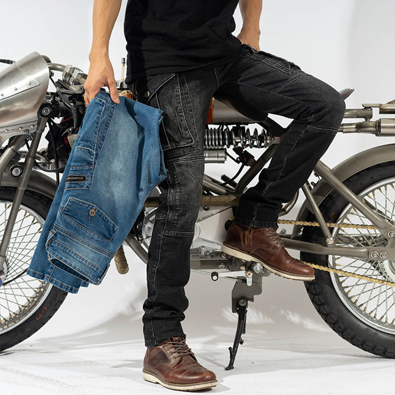 摩托车骑行裤秋季四季防摔大口袋牛仔裤男士机车赛车护具高弹大码