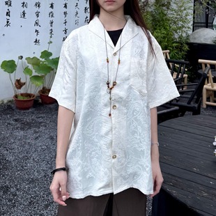 地心引力新中式 暗纹提花黑白艺术感复古男女抗皱宽松短袖衬衫