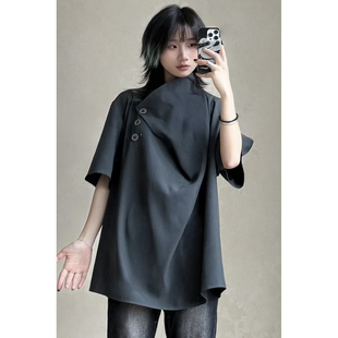 地心引力新中式 复古小众设计感暗黑不规则短袖衬衫