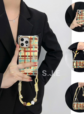 创意格纹星四角带孔可斜挎挂绳手机壳手提防摔适用于苹果iPhone16/17promax小米15荣耀华为mate70/P80/nova14
