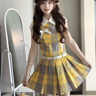 连衣裙女夏季 学院风黄色格子POLO领衬衫 甜美气质收腰显瘦百褶短裙
