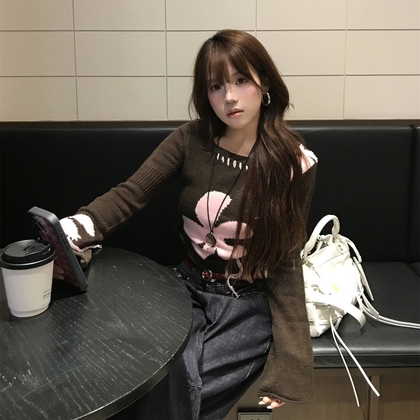美式辣妹斜肩长袖针织衫毛衣上衣