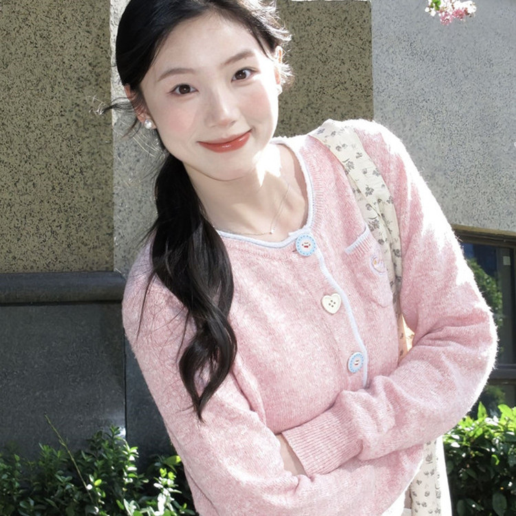 韩系甜美刺绣粉色针织开衫女秋冬