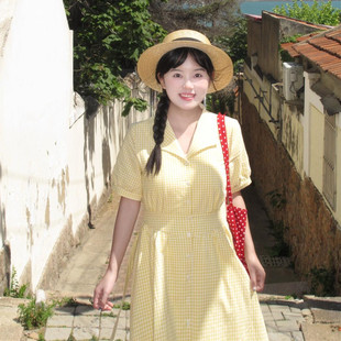 学院风黄色格纹短袖 温柔甜美收腰显瘦a字长裙子 衬衫 连衣裙女夏季