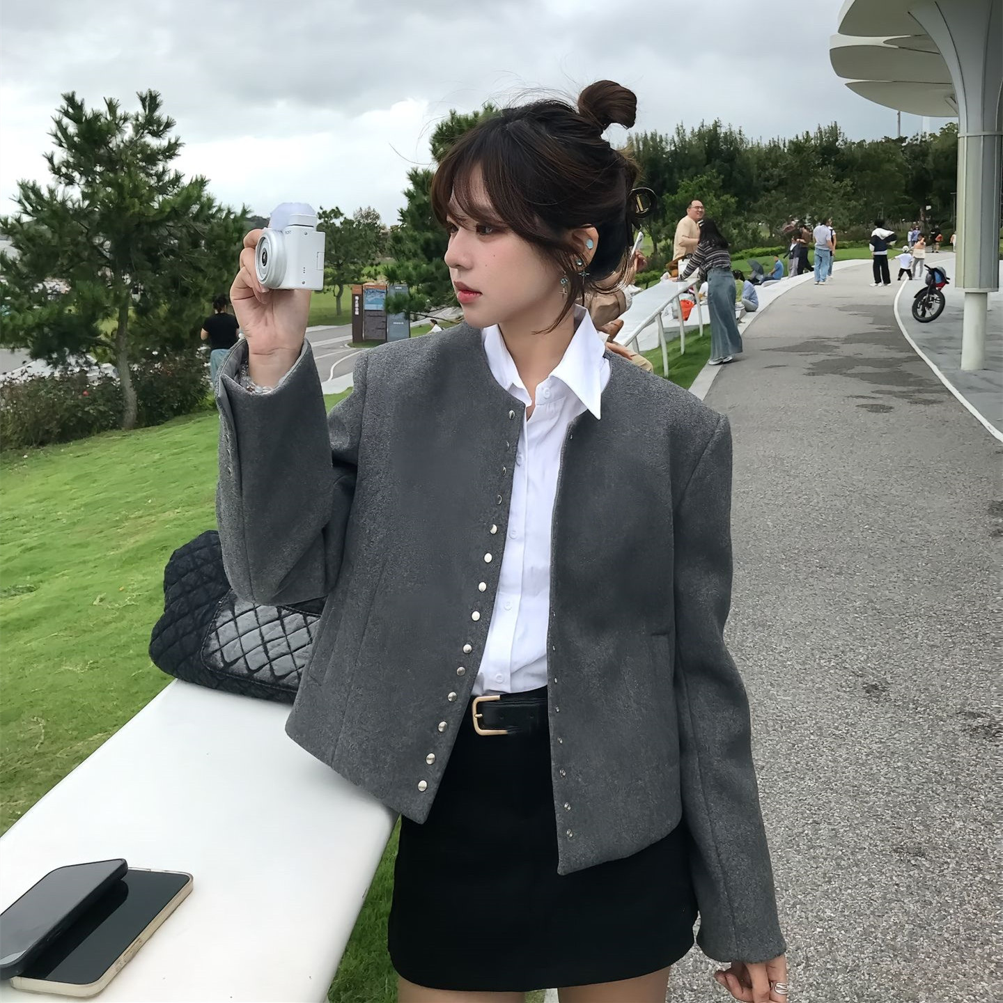 韩系高级感灰色短款小香风外套女