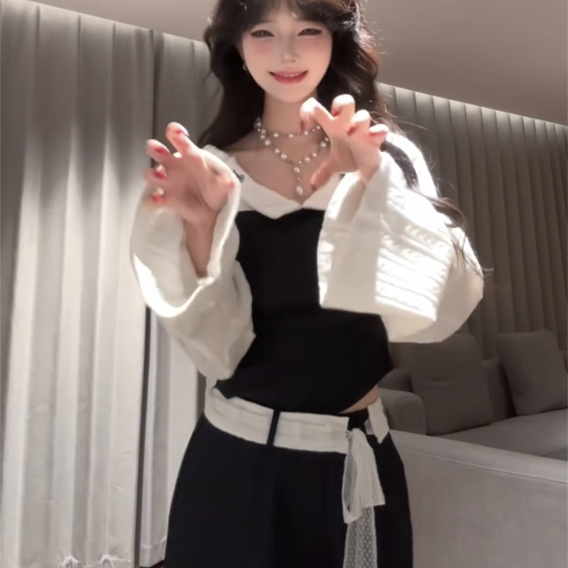 假两件针织衫上衣阔腿长裤套装女