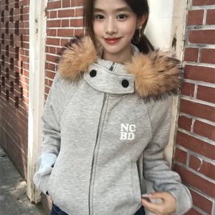 拉鏈短款 上衣外套 復古灰色可拆卸毛領連帽衛衣女秋慵懶風修身 美式