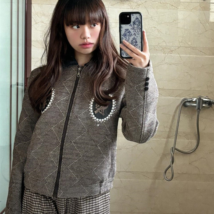 美式复古翻领撞色拼接夹克外套女
