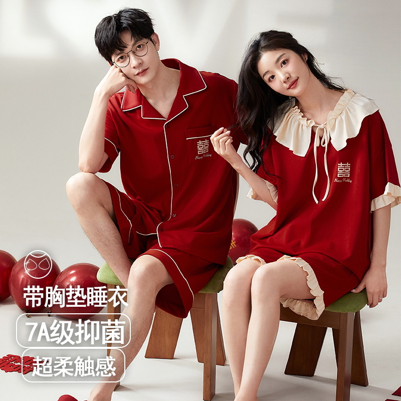 纯棉睡衣女可外穿红色情侣家居服