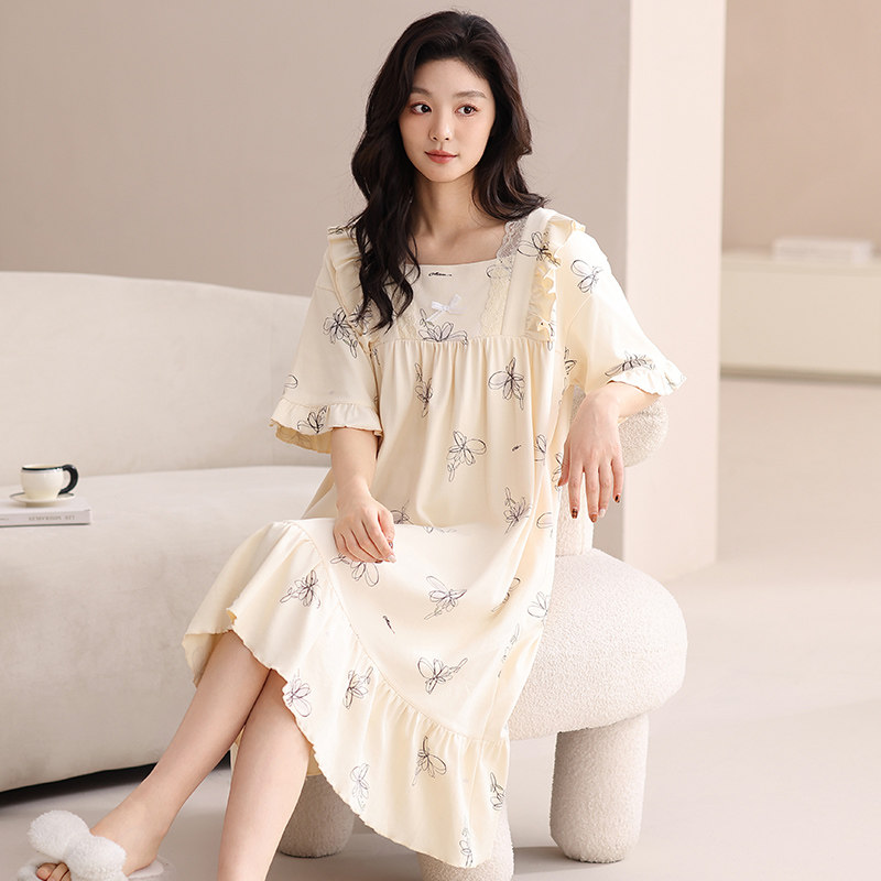 睡裙夏季女款高级感春夏短袖纯棉家居服甜美宽松睡衣连衣裙夏天女