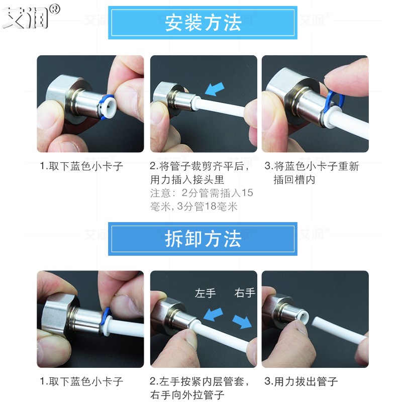 304不锈钢净水器接头直饮水机PE管加长管4分转2分快接直通3分配件