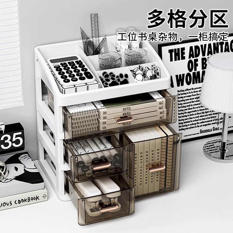 抽屉式桌面收纳盒办公室工位整理分格可视化妆品柜透明文具置物架