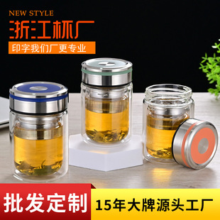 玻璃杯双层带盖矮胖商务水杯家用高颜值隔热透明玻璃茶杯
